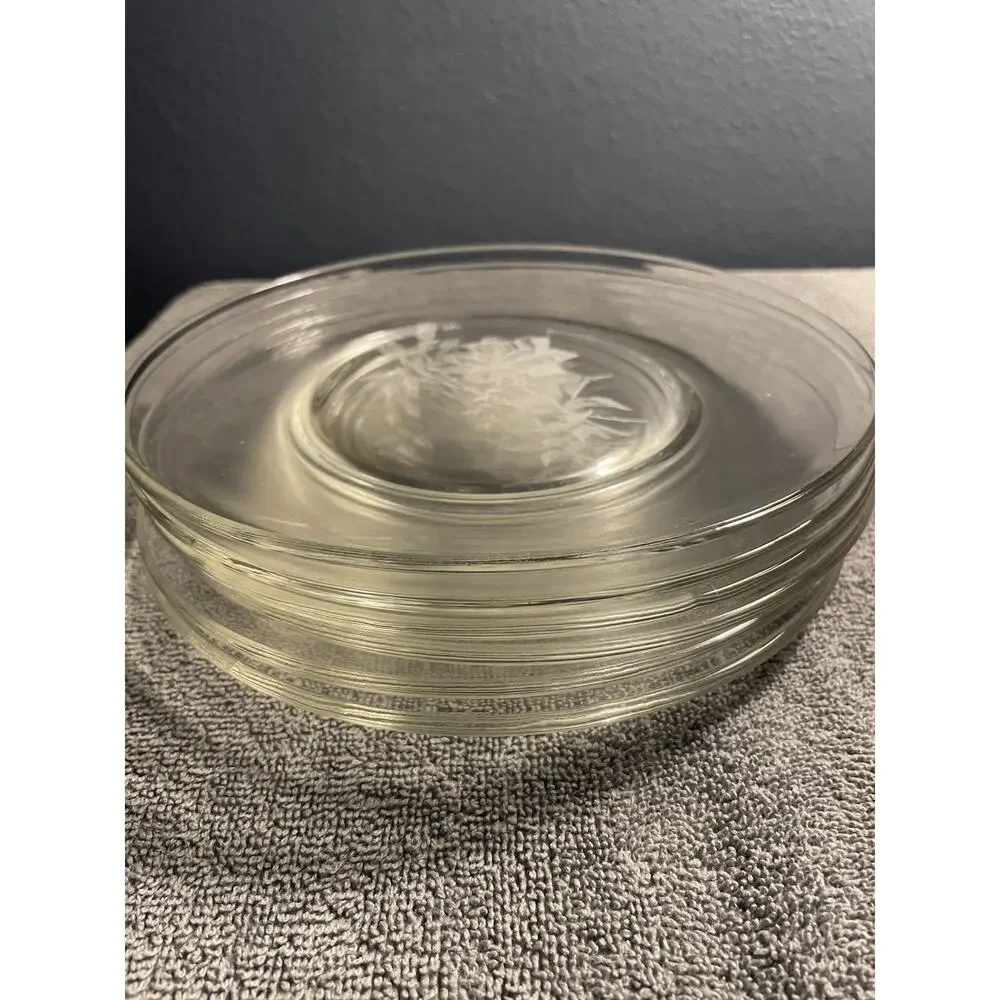 Vintage Etched Rose Clear Glass Salad Dessert Plates Set of 6 Floral 8”